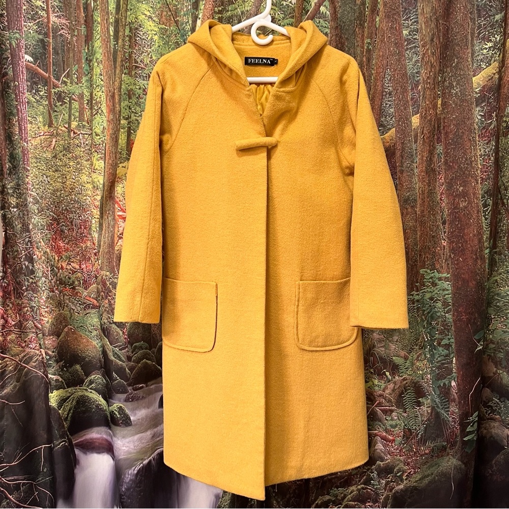 Mustard Yellow Winter Coat warm hooded hood cozy pockets gold golden